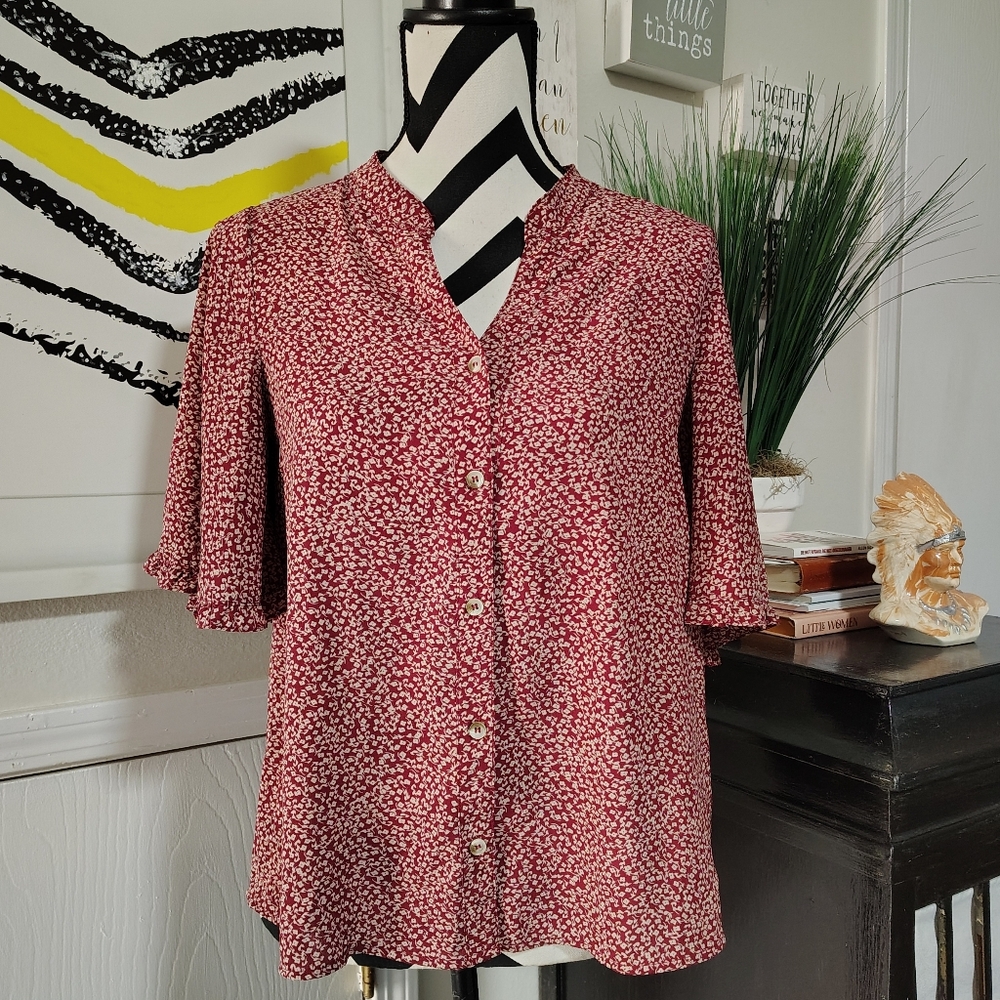 Polagram Red And White Floral Button-Up Boho Blouse Ladies Small Cottagecore